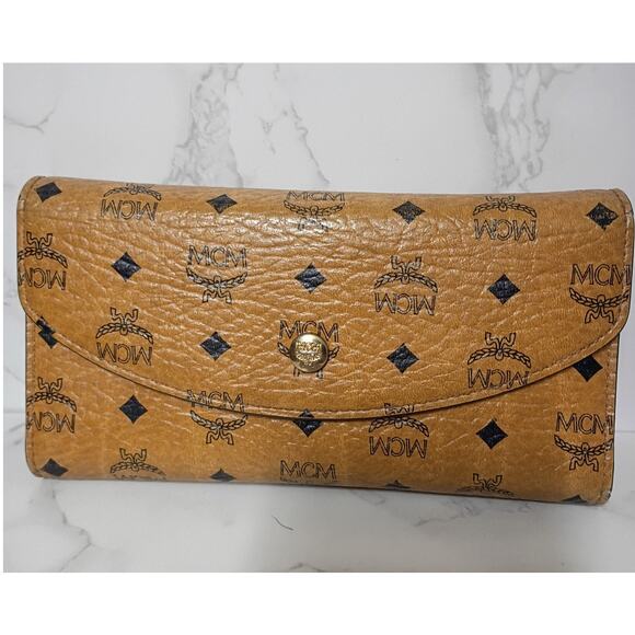 MCM Handbags - MCM Vintage Cognac Visetos Monogram Trifold Long Wallet - EUC
